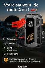 Outil d'urgence 4 en 1 (Démarrez, Gonflez, Chargez, Eclairez Partout) fini le stress des pannes !